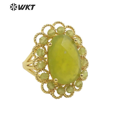 WT-R460 Wholesale Newest Gorgeous Women Oval Natural Amazonite Wedding Ring Faceted Stone Beads Anniversary Ring in Gold