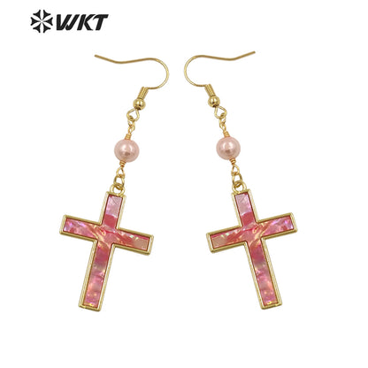 WT-MPE135 Wholesale Religious Christian Fashion Gold Bezel Setting Natural Shell Cross Pendant Earrings for Gift