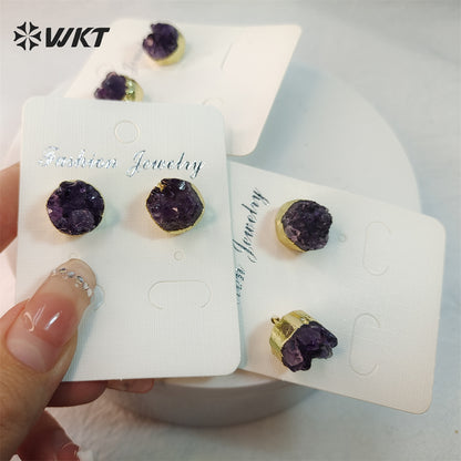WT-E074 NEW Tiny Round Druzy Earrings Druzy Stud Earrings, Gold Plated Drusy Earrings, Amethyst Druzy Stud Earrings