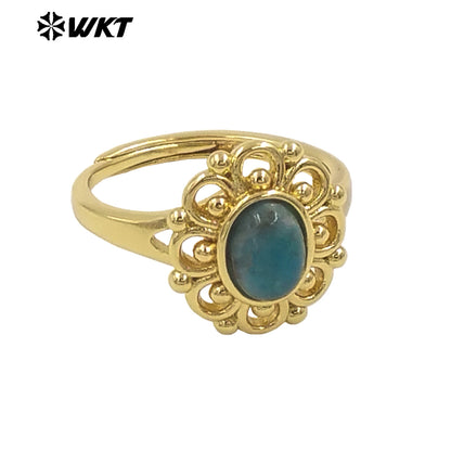WT-R537 Wholesale Fashion 18K Real Gold Plated Round Hollow Flower Shape Design Natural Stone Ring for Women