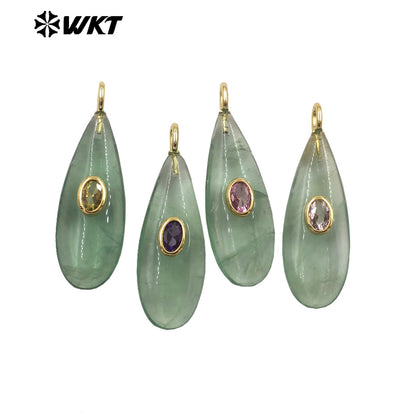 WT-P2065 Good Quality Gold Plated Zircon And Multi Natural Gemstones Waterdrop Shape Pendants For Fashion Women Earrings Making