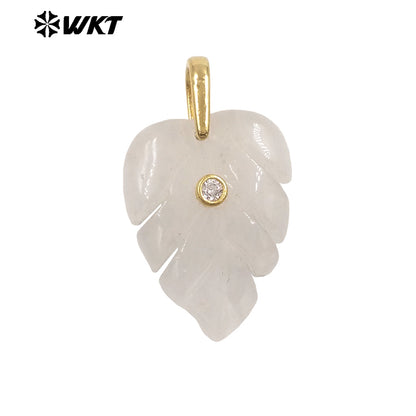 WT-P2141 Wonderful Zircon And Multi Colors Natural Gemstones Hand Carved Leaf Shape Gold Pendants For Lady Earrings DIY