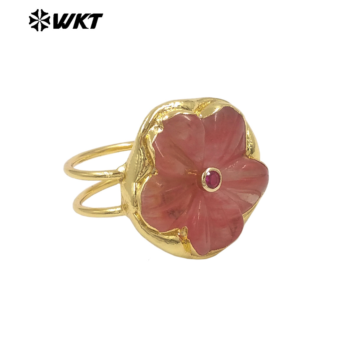 WT-R611 Exquisite Hot Sale Gold Plated Zircon And Natural Gemstones Carved Flower Shape Rings For Friends Birthday Jewelry Gift