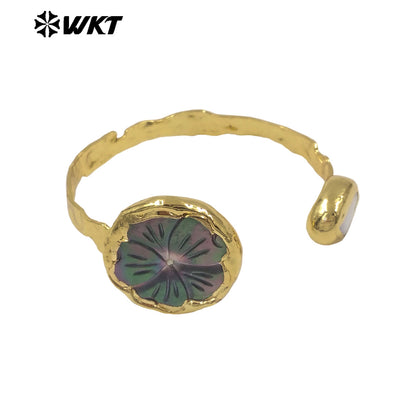 MPB140 Amazing 18K Gold Electroplated Natural Pearl And Shell Carved Flower Shape Cuff Bangles For Women Fashion Jewelry
