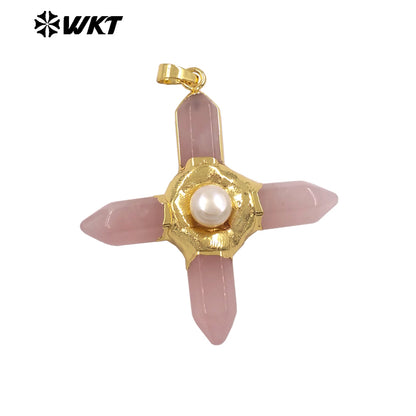 WT-P1967 Wholesale Fashion Gold Plated Cross Healing Energy Gemstone Point Anchor Pendants Special Rose Quartz Jewelry