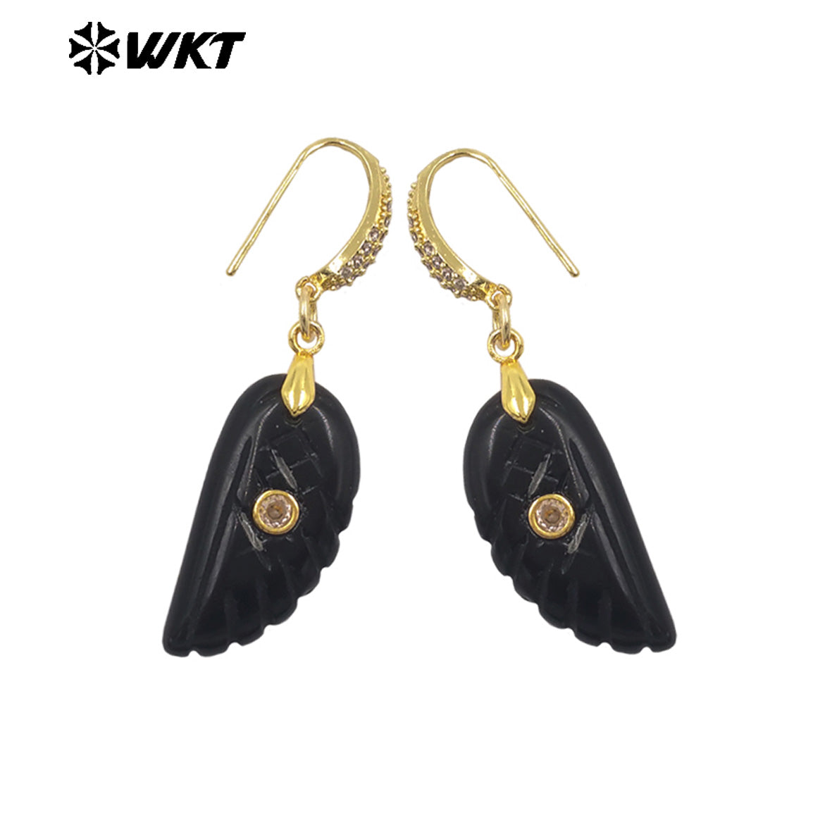 WT-E818 Wholesale Trendy Natural Gemstones Hand Carved Feather Shape Women Gold Earrings For Lady Dance Party Wearing Accessory