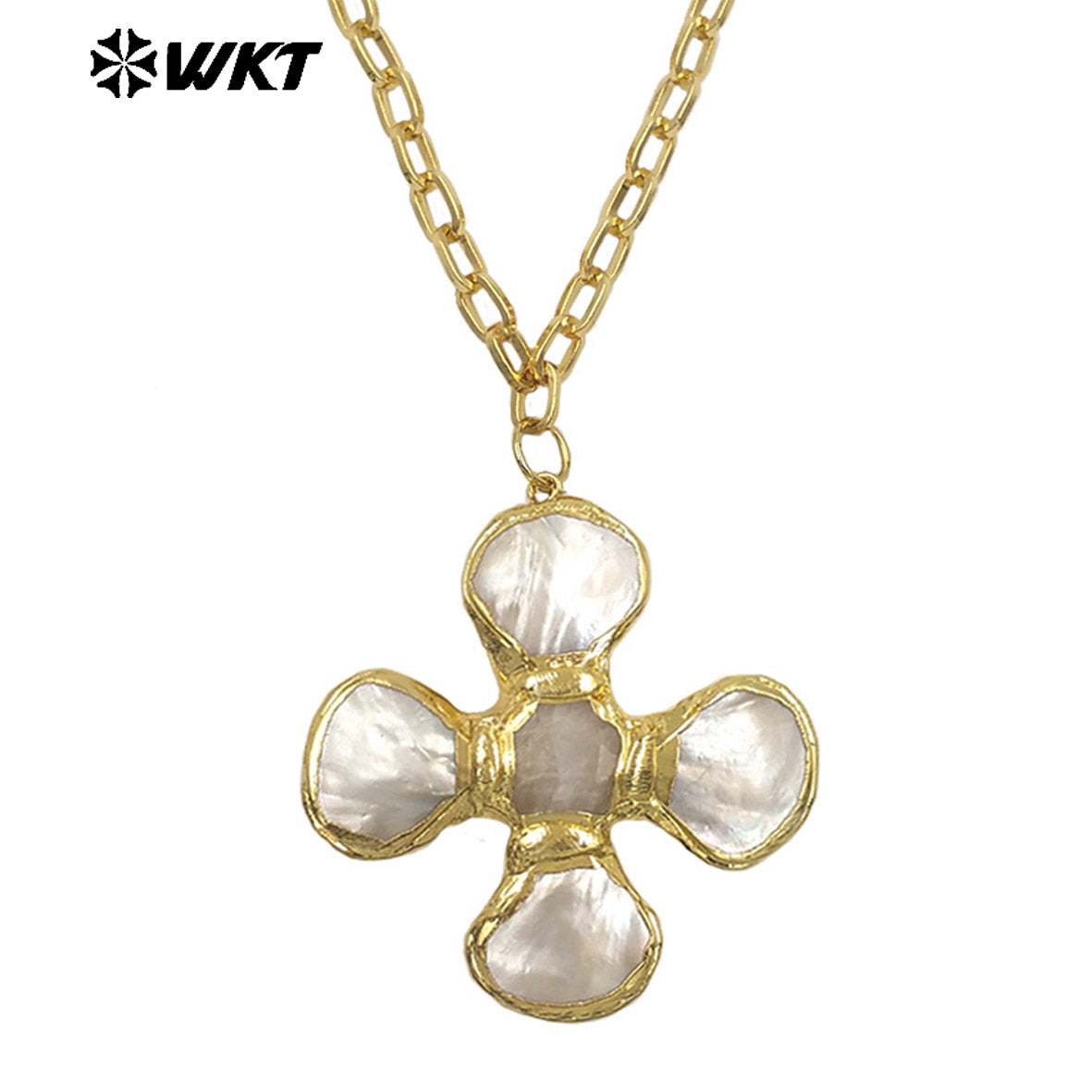 WT-JN346 Popular 18K Gold Plated Natural Turquoise Amethyst Stones And Shell Flower Shape Pendant Necklace As Party Jewelry