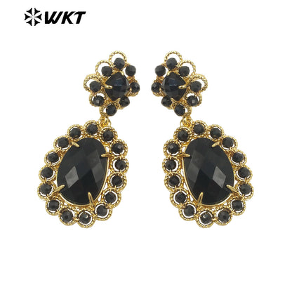 WT-E724 WKT Precious Natural Gemstone Carved with Wire Wrapped Tiny Stone Beads Made Earrings Charming Gorgeous Lapis Earrings