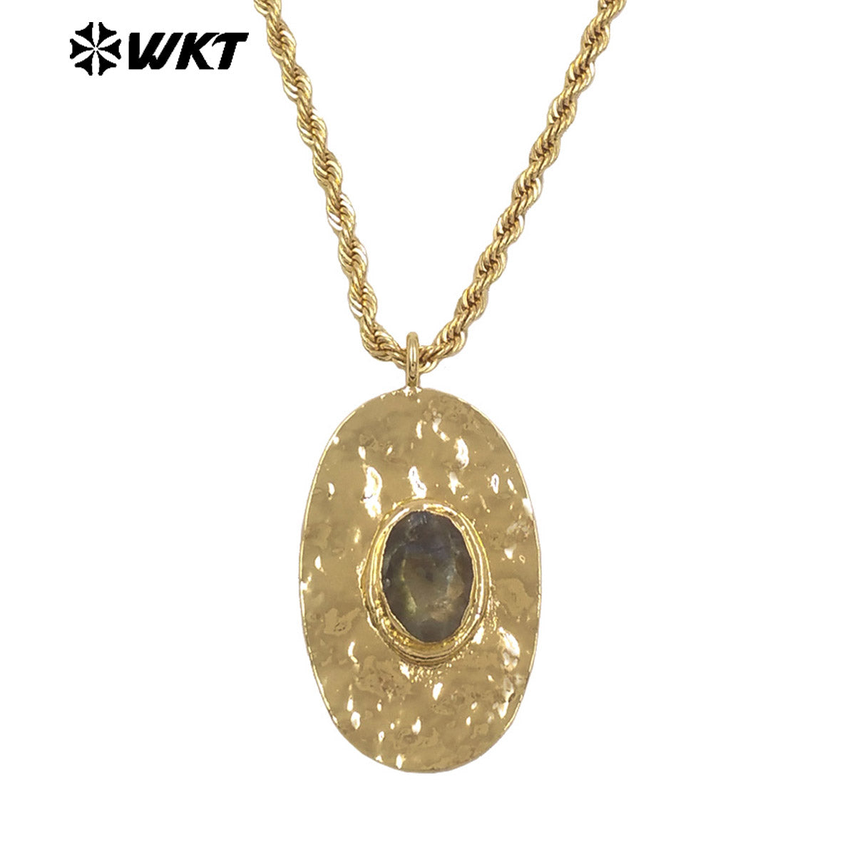 WT-N1538 Elegant Style Brass Chain With Gold Plated Natural Gemstone Oval Pendant Necklace For Lady Friend Birthday Gift