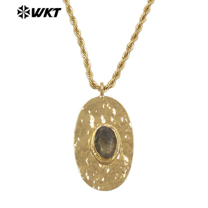 WT-N1538 Elegant Style Brass Chain With Gold Plated Natural Gemstone Oval Pendant Necklace For Lady Friend Birthday Gift