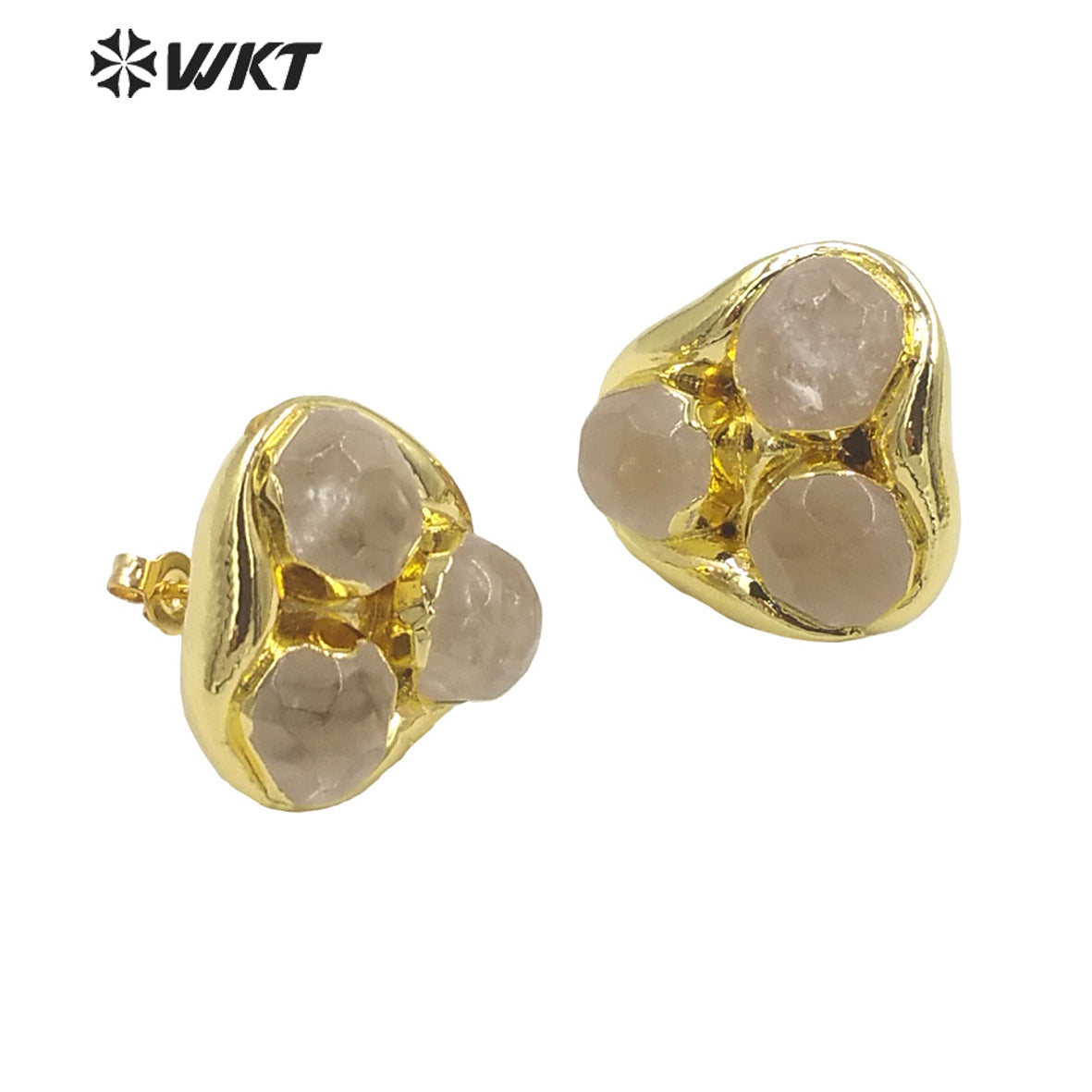 WT-E748 Newest WKT Exclusive Design Natural Triple Assemble Blue Agate Flower Shape Stone Studs America Hot Earrings
