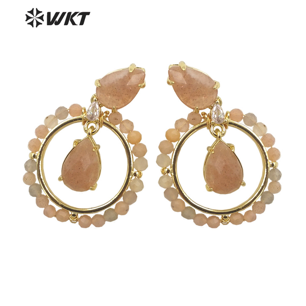 WT-E714 WKT Newest Summer Design Gorgeous Multi Natural Gemstone Big Hoop Earrings Gold Plated Lead Free Amazonite Stone Studs