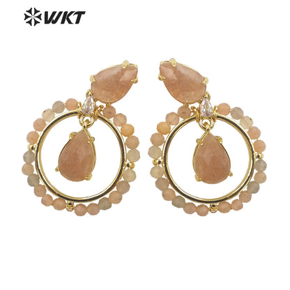 WT-E714 WKT Newest Summer Design Gorgeous Multi Natural Gemstone Big Hoop Earrings Gold Plated Lead Free Amazonite Stone Studs