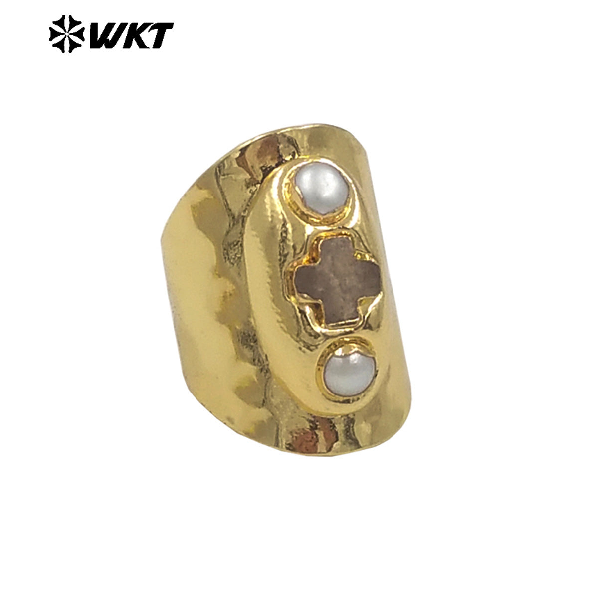 WT-MPR130 New Arrival 18K Gold Plated Religious Ring Jewelry With Double Pearls and Cross Shape Stone Adjustable Size for Party