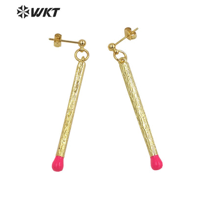 WT-E686 Fashion Simple Long Stick Sexy Earrings Candy Color 18k Real Gold Plated Straight Dangle Pendant Earrings for Party