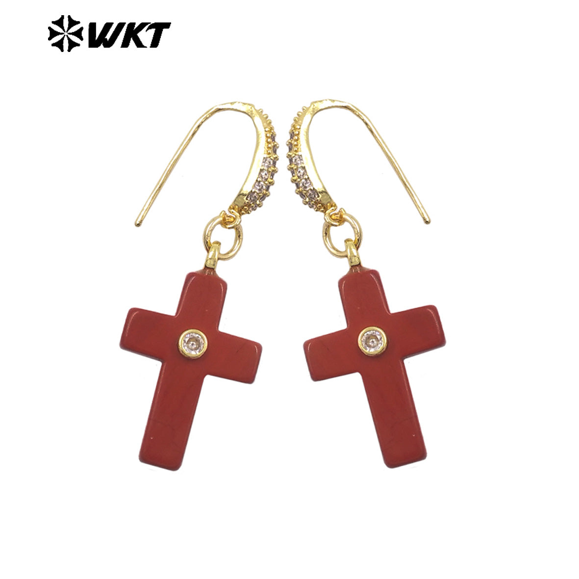 WT-E819 Popular Fashionable Zircon And Natural Gemstones Cross Design Gold Earrings As Female Wedding Matching Jewelry