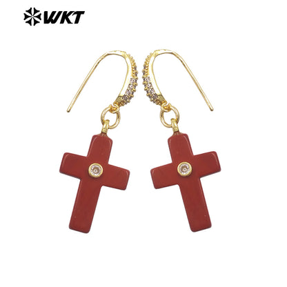 WT-E819 Popular Fashionable Zircon And Natural Gemstones Cross Design Gold Earrings As Female Wedding Matching Jewelry