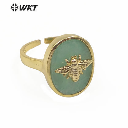 WT-R353 Unique Design Natural Stone Insect Charm Ring Oval Gemstone Ring Fashion Jewelry Multicolor Adjustable Ring