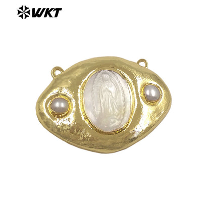 WT-PC020 Newest Gold Electroplated Mother Of Pearl Religious Patterns Charms Connector With Double Hoops For Necklace Handmade