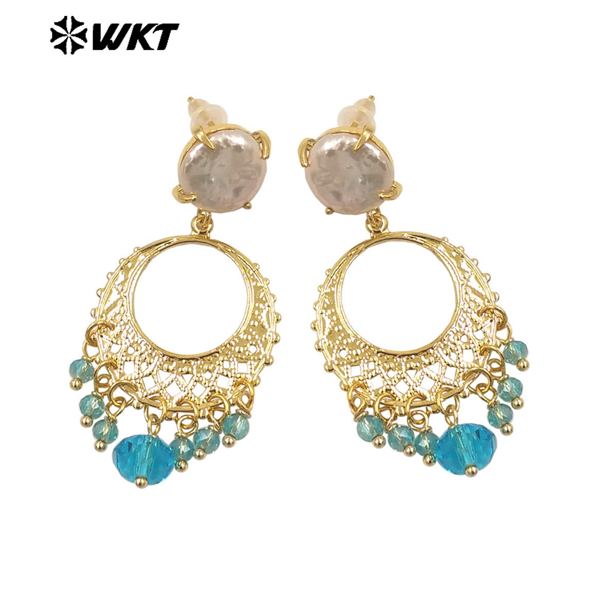 WT-MPE133 Stunning Colorful 18K Real Gold Plated Long Dangle Hand Made Claw Setting Charming Freshwater Pearl Stud Earrings