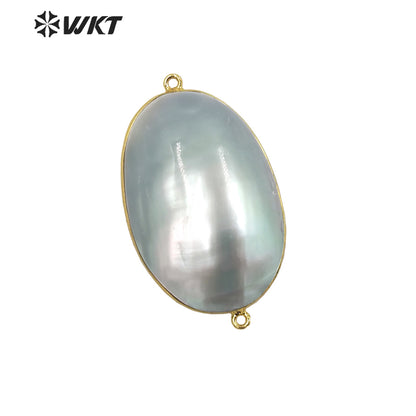 WT-JP339 Wholesale Fashion Double Loops Gold Bezel Shell Connectors Women Natural High Brightly Mabe Pendants for Necklace