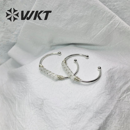 WT-B567 Wholesale Fashion Women Gold Electroplated Wire Wrapped White Selenite Open Bangle Adjustable Gold Natural Stone Bangle