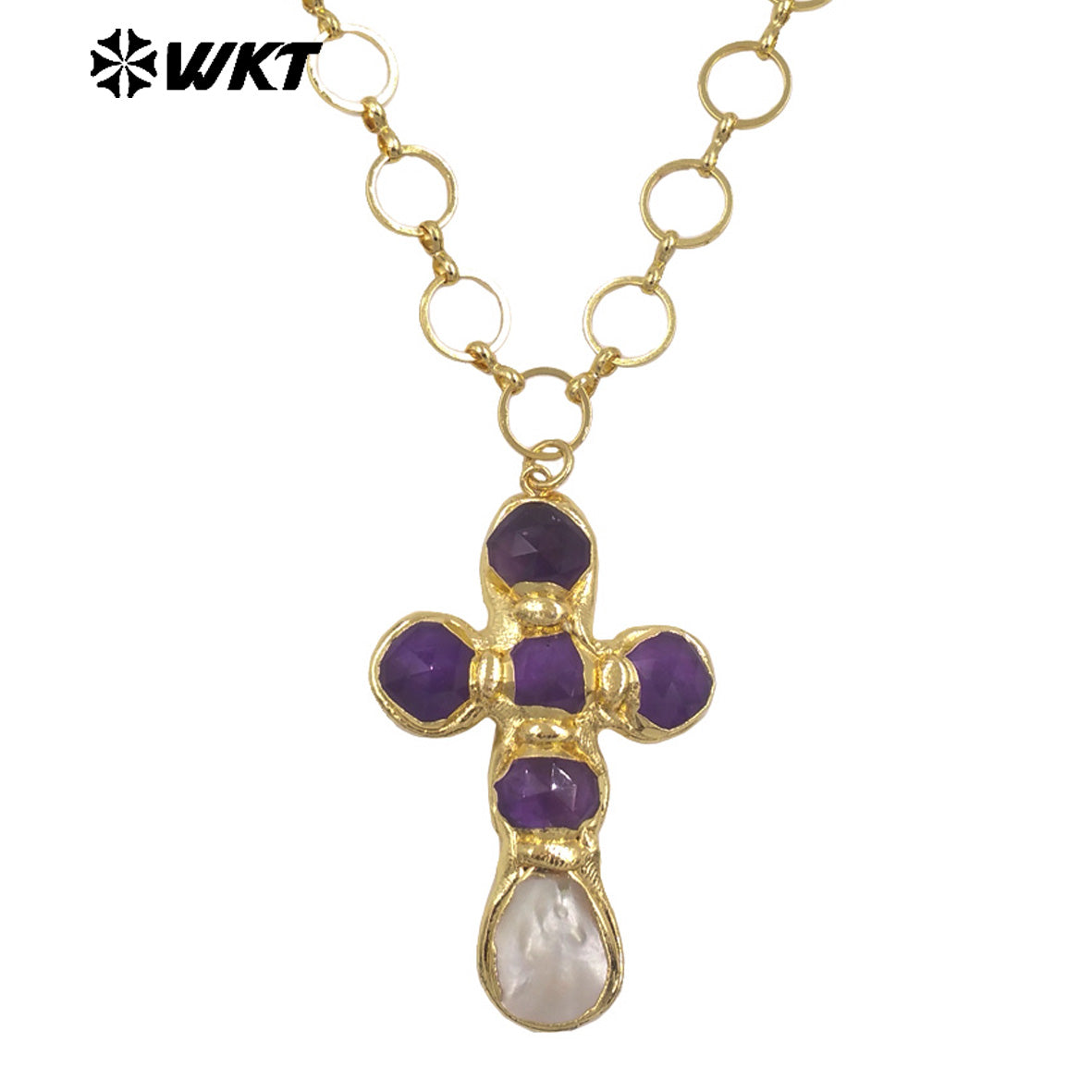 WT-JN374 Factory Wholesale Metal Chain With Natural Gemstone And White Shell Cross Pendant Necklace As Girl Daily Jewelry