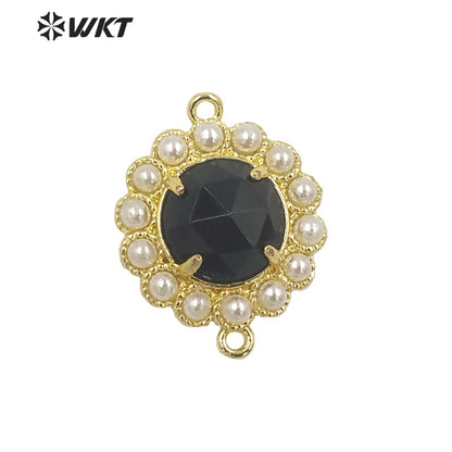 WT-PC005 Wholesale Fashion Gold Plated Double Loops Round Stone With Shell Pearl Around With Claw Setting Connector Findings