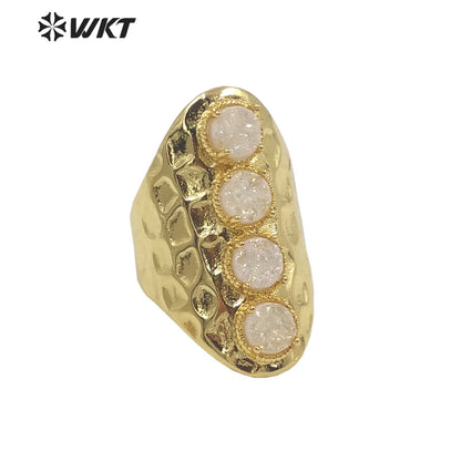 WT-R443 Wholesale Fashion Gold Bezel Natural Druzy Agate Ring Wide Band Women Party Stone Ring for Birthday Girl Friend