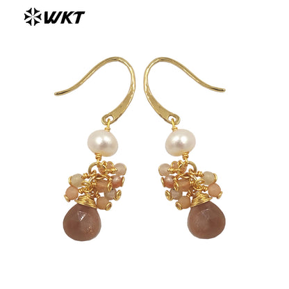 WT-E722 WKT Exclusive Design Handmade Precious Tiny Stone Charm Earrings Attractive Long Dangle Birthday Stone Earrings