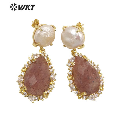 WT-E698 Unique Micropaved Gold Bezel Cubic Zircon Natural Teardrop Stone Pearl Earrings Gorgeous Drop Turquoise Stud Earrings