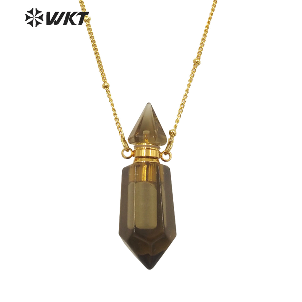 WT-N1284 Fashion Gold Plated Double Loops Natural Spirit Quartz Point Stone Perfume Bottle Necklace or Essencial Oil Necklace