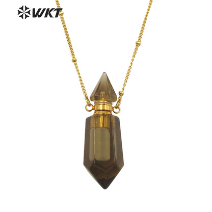 WT-N1284 Fashion Gold Plated Double Loops Natural Spirit Quartz Point Stone Perfume Bottle Necklace or Essencial Oil Necklace