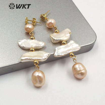 WT-MPE015 Wholesale Elegant Freshwater Pearl Long Earring Real Gold Plated Lady Charm Jewelry Natural Pearl Dangling Earring