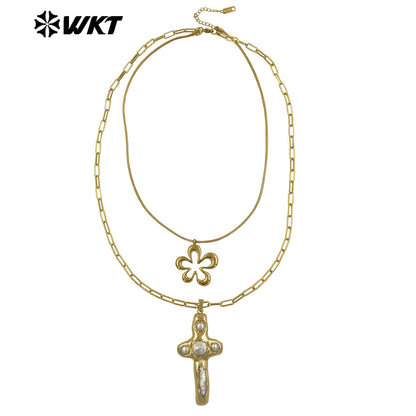 WT-JN366 Vintage 18K Gold Plated Natural Freshwater Pearl Cross And Flower Star Pendant Double Layers Necklace As Party Gifts