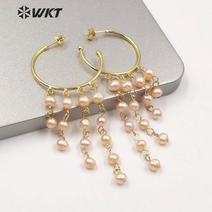 WT-MPE039 Most Hot Sales Natural Freshwater Pearl Beads Statement Earrings Round Hoop Lady Elegant Pearl Earrings