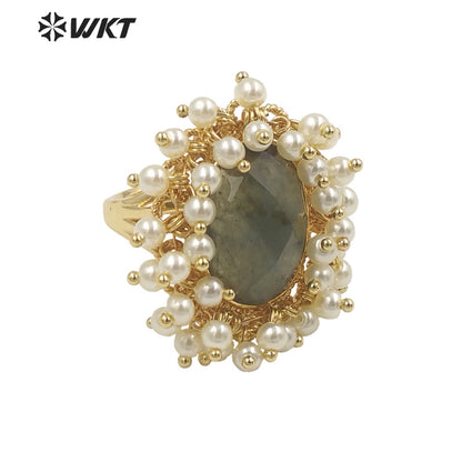 WT-MPR071 Gorgeous Trendy Fashion Natural Pearl and Gemstone Ring 18k Gold Plating for Women Lucky Unique Design Ring