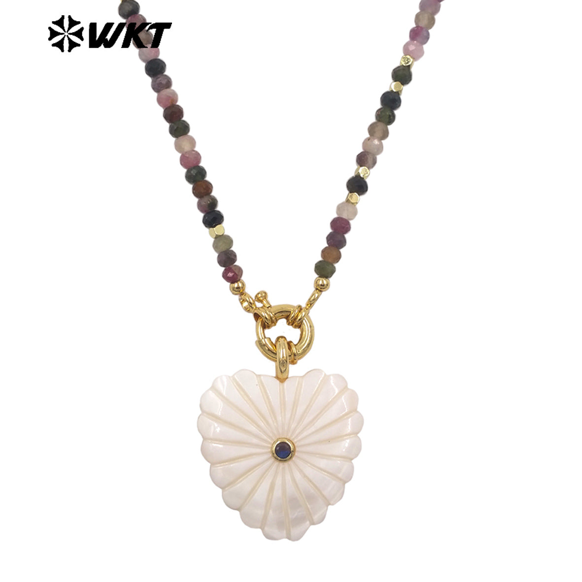 WT-JN404 Popular Fashion Style Natural Gemstone Beads Chain With White Shell Heart Pendants Necklaces For Girls Wearing
