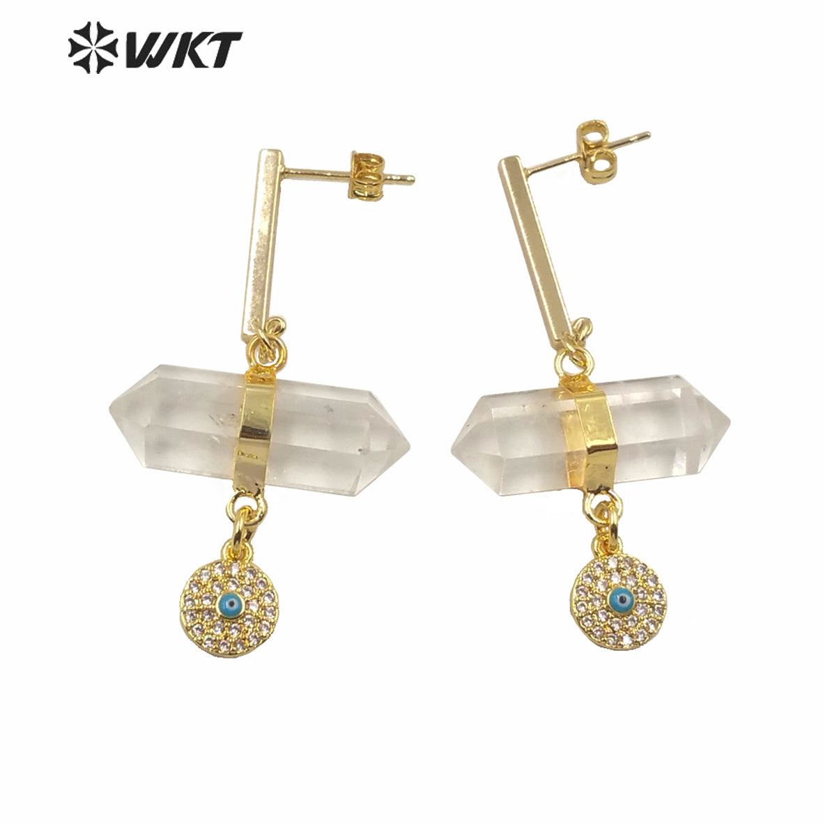 WT-E632 Fashion Double Point Crystal Quartz Bullet Shape Stone Earrings Round Eye Charm Earrings Lady Spirit Quartz Earring