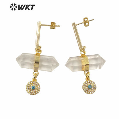 WT-E632 Fashion Double Point Crystal Quartz Bullet Shape Stone Earrings Round Eye Charm Earrings Lady Spirit Quartz Earring