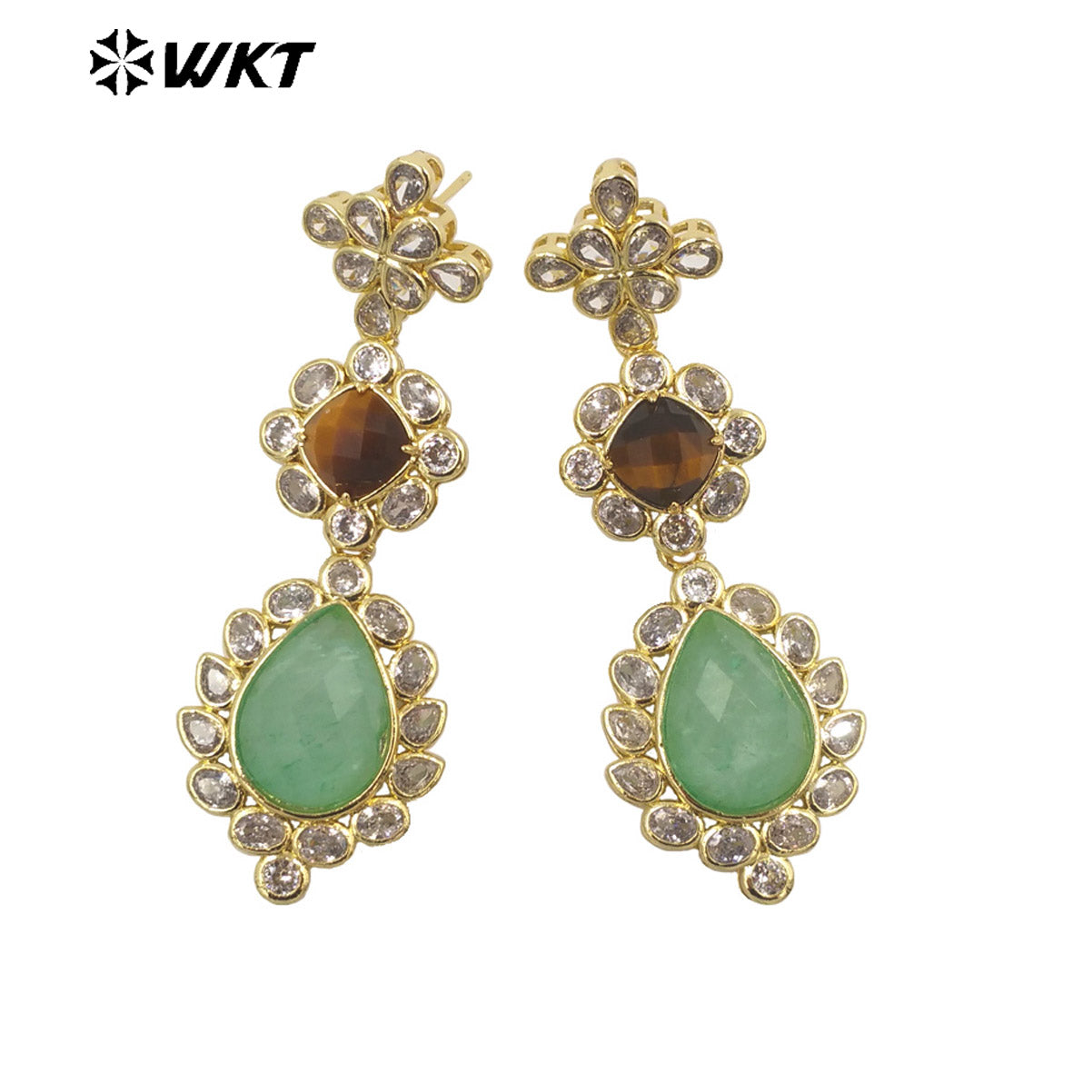 WT-ME088 WKT New Design 18K Real Gold Plated Multi Kinds of Gemstone Earrings Natural Lapis Drop Long Stone Studs for Gift