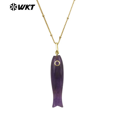WT-N1535 Charming Trendy Natural Gemstones Little Fish Shape Gold Pendant Necklaces As Female Party Birthday Jewelry Gifts