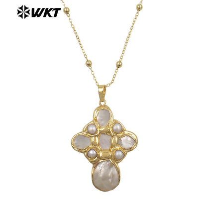 WT-JN297 Brand New Product Elegant 18K Gold Plated Pearl Turquoise Cross Unisex Pendant Necklace Fashion Jewelry Accessories