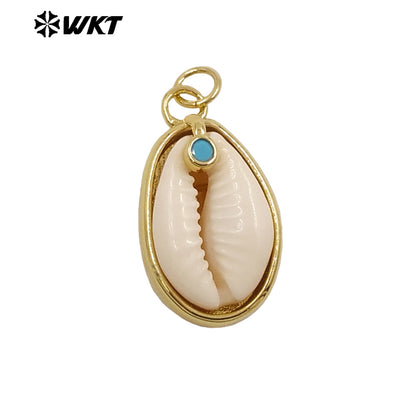 WT-JP452 Wholesale Gold Electroplated Setting In Natural Little Stone And Cowrie Shell Pendants For Women Earrings Making