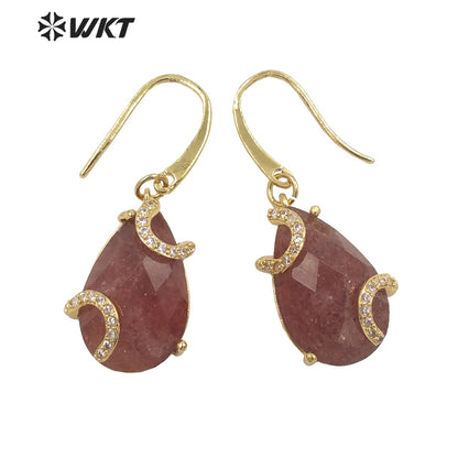 WT-E688 Wholesale Fashion Gold Prong Setting Natural Teardrop Stone Earrings Gorgeous Faceted Gemstone Micropaved Pear Earrings