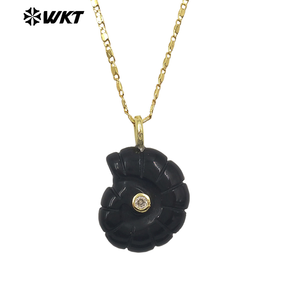 WT-N1510 Hot Sale Gold Thin Chain With Natural Gemstones Carved Trumpet Pendant Necklace As Women Daily Wearing Jewelry