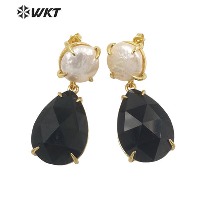 WT-E696 Amazing the Royal Nobility Gorgeous Design Women Natural Gemstone Teardrop Earrings with Pearl Studs in Resist Gold