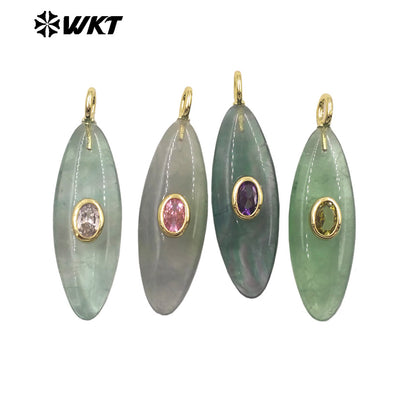 WT-P2053 Popular Style Zircon Gold Plated Natural Gemstones Long Oval Shape Pendants For Women Necklace Making Findings