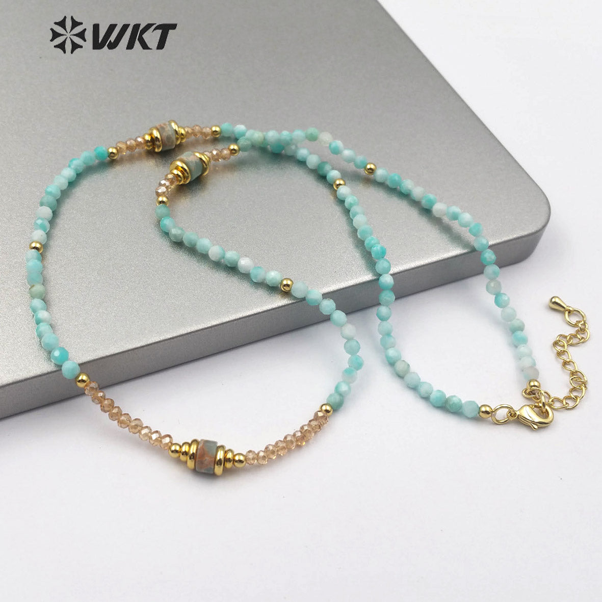 WT-N1199 Wholesale Handmade 3mm Faceted Beads Necklace Natural Amazonite Necklace Women Fashion Charm Crystal Necklace