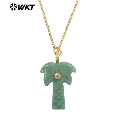 WT-N1534 Amazing Various Natural Gemstones Carved Coconut Trees Shape Charms Gold Necklaces For Women Fashionable Jewelry